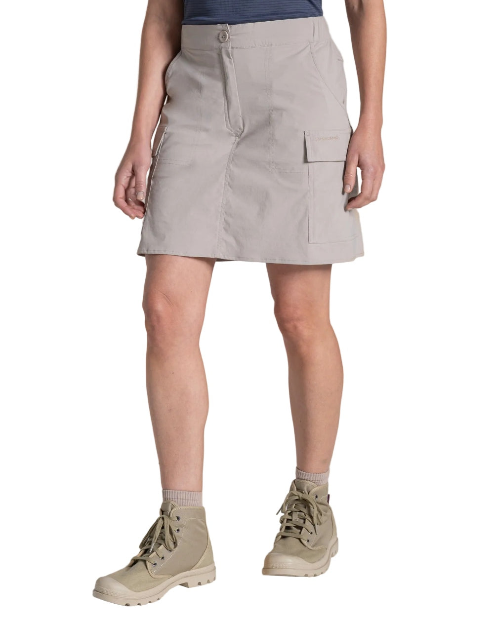 Soft Mushroom coloured Craghoppers Womens NosiLife Pro Cargo Skort on white background 