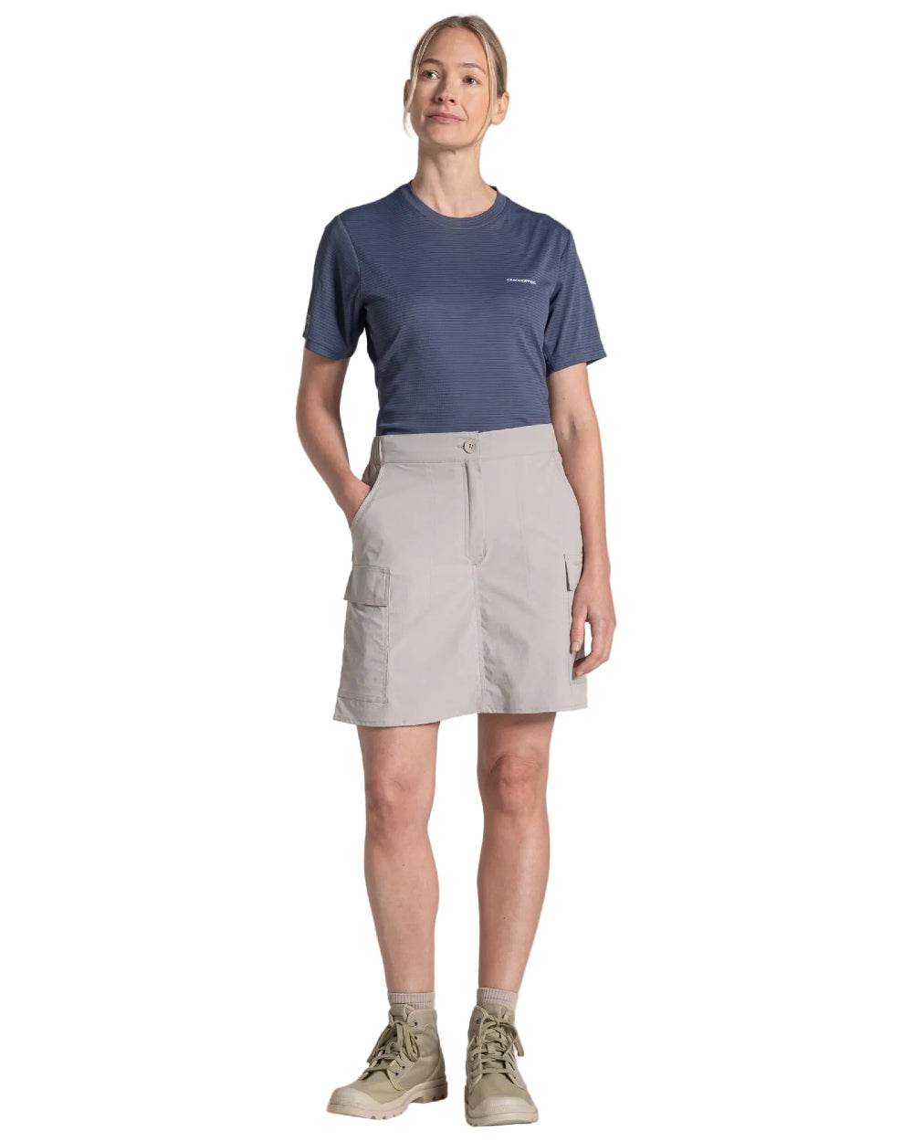 Soft Mushroom coloured Craghoppers Womens NosiLife Pro Cargo Skort on white background 