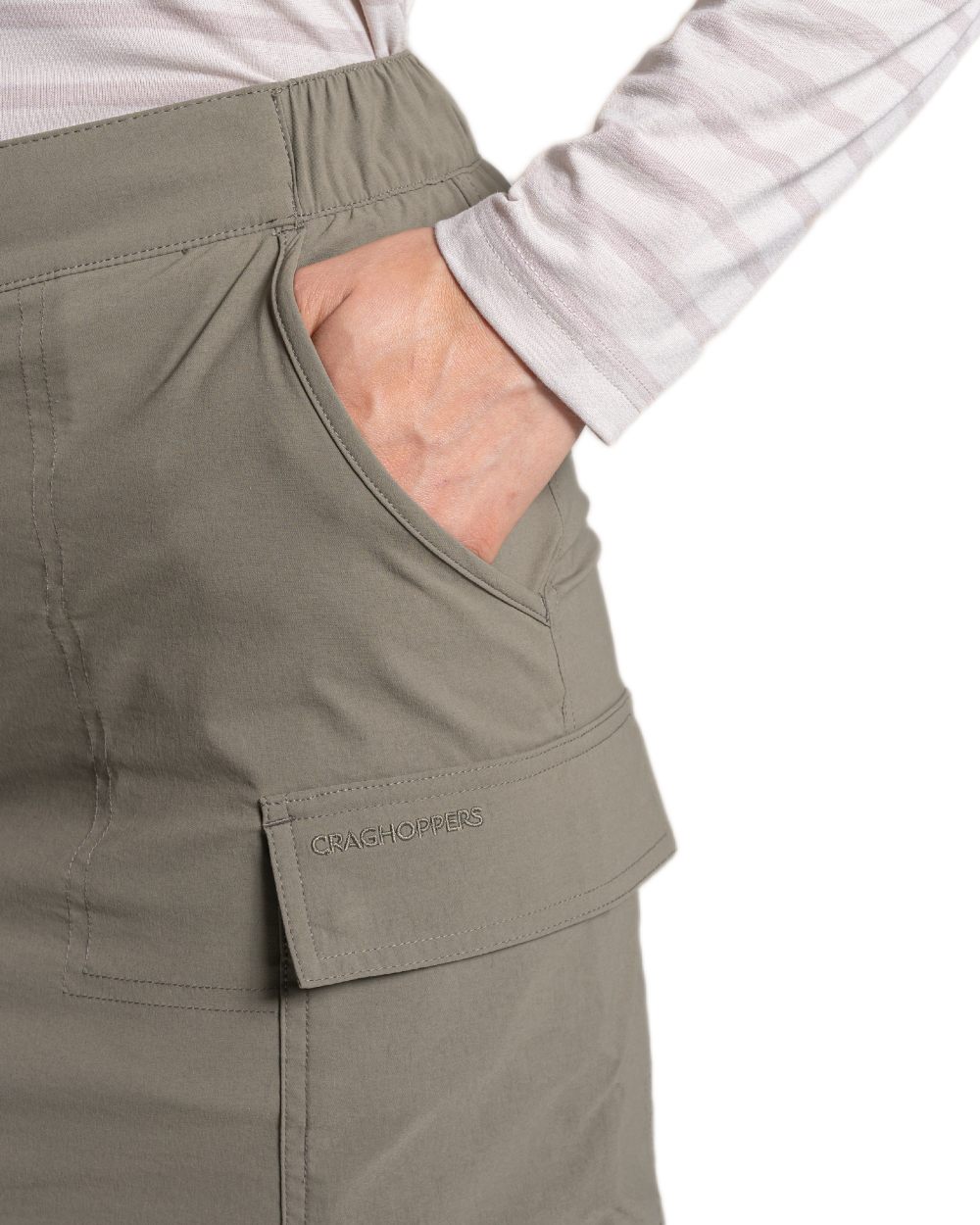 Wild Olive coloured Craghoppers Womens NosiLife Pro Cargo Skort on white background 