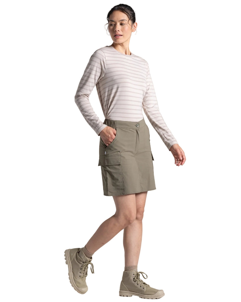Wild Olive coloured Craghoppers Womens NosiLife Pro Cargo Skort on white background 