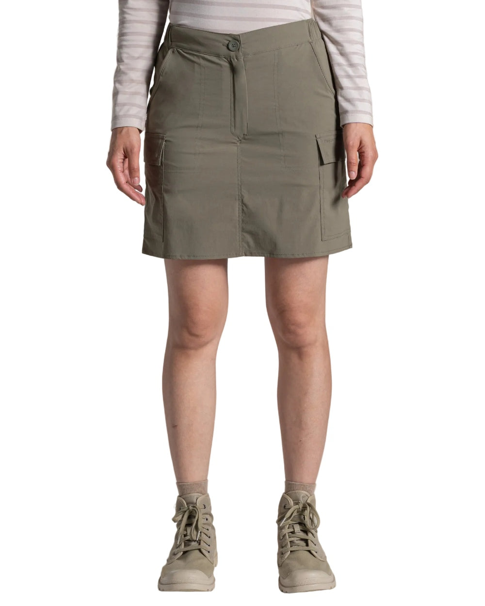 Wild Olive coloured Craghoppers Womens NosiLife Pro Cargo Skort on white background 