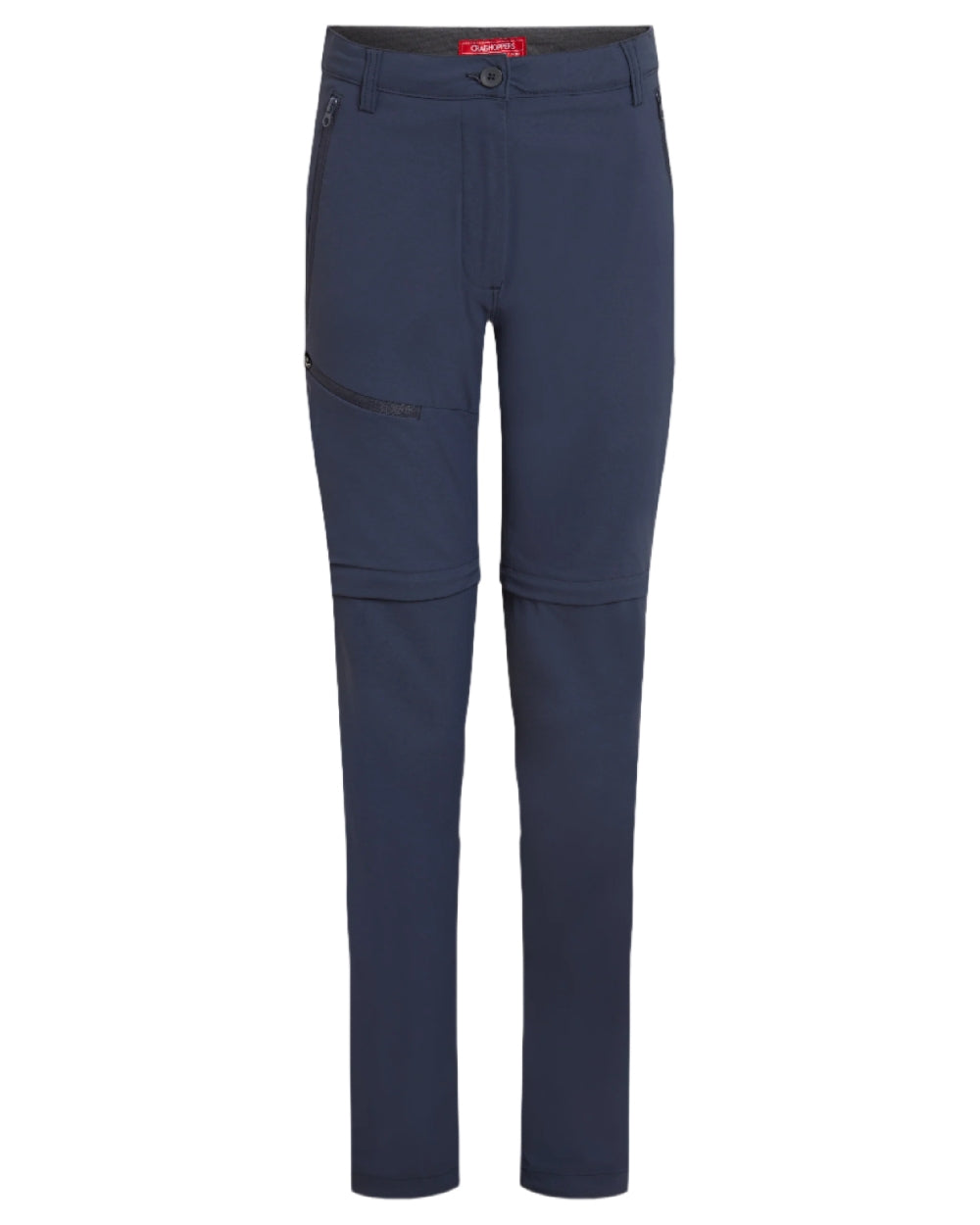 Blue Navy coloured Craghoppers Womens NosiLife Pro Convertible Trousers on white background 