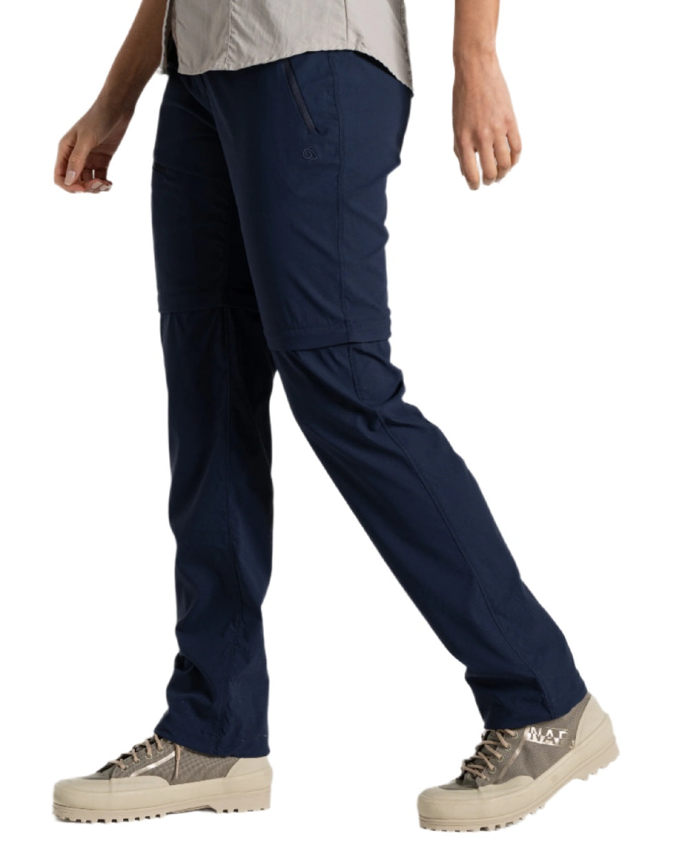 Blue Navy coloured Craghoppers Womens NosiLife Pro Convertible Trousers on white background 