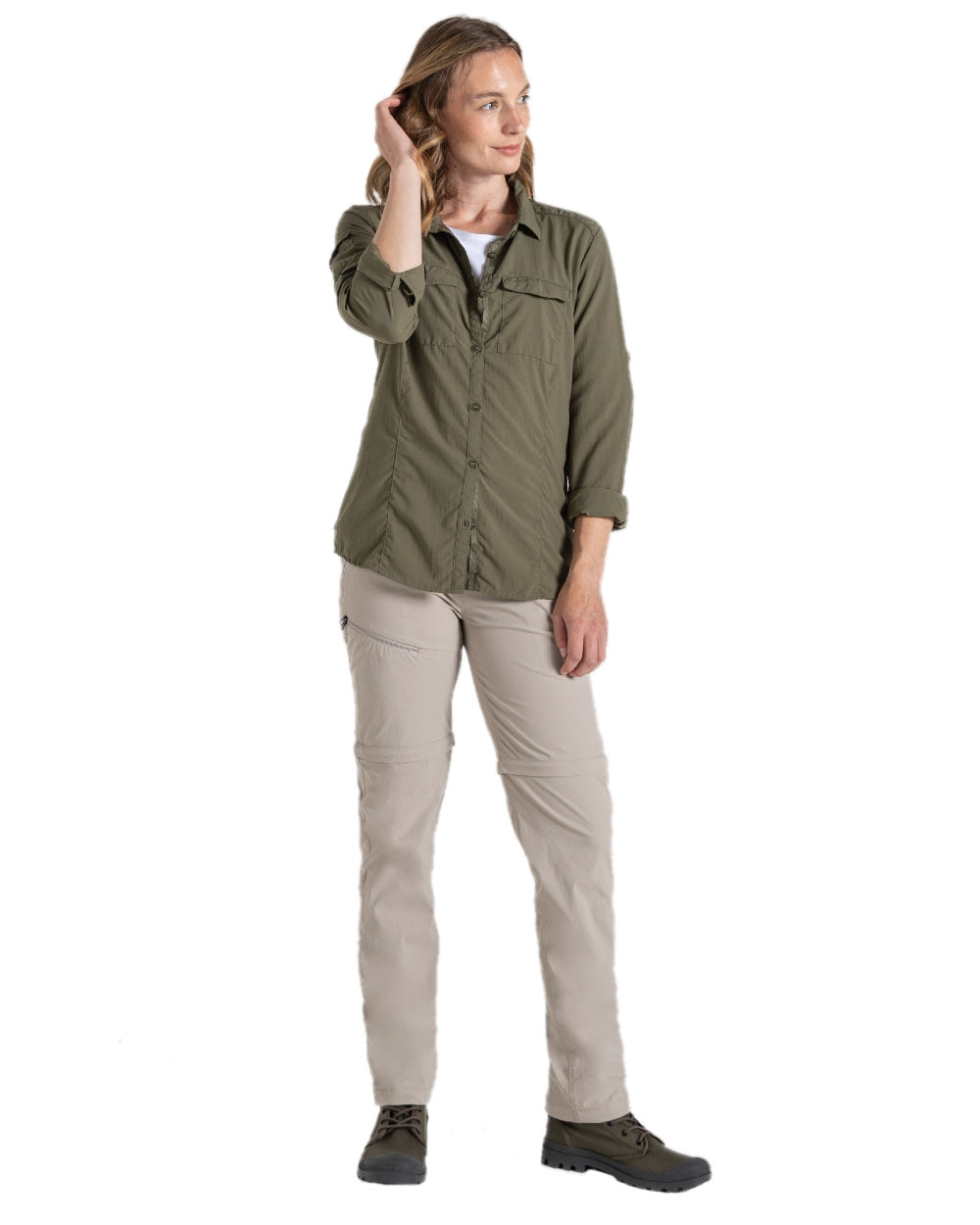 Soft Mushroom coloured Craghoppers Womens NosiLife Pro Convertible Trousers on white background 