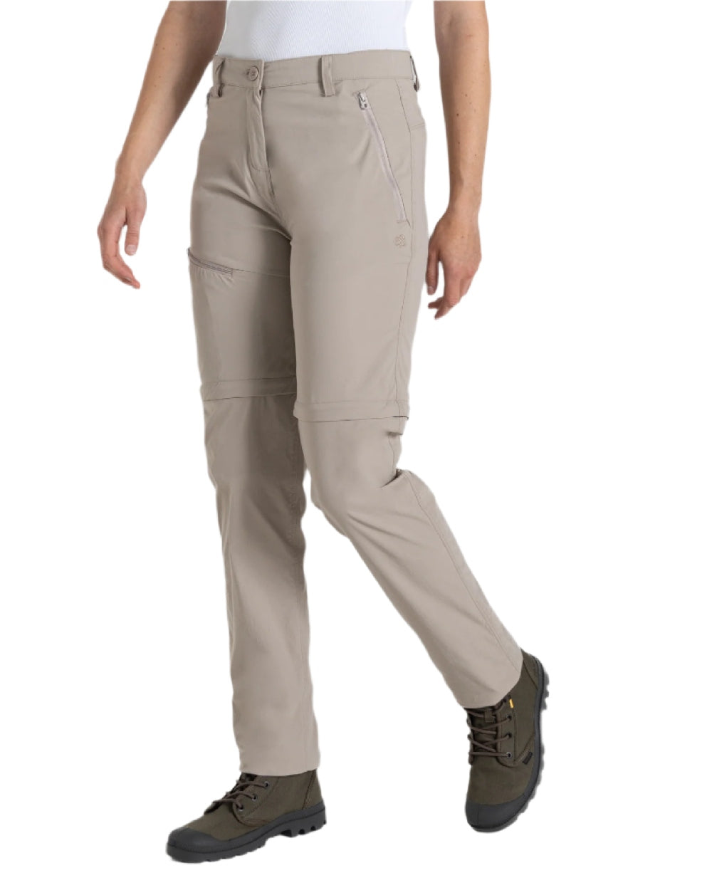 Soft Mushroom coloured Craghoppers Womens NosiLife Pro Convertible Trousers on white background 