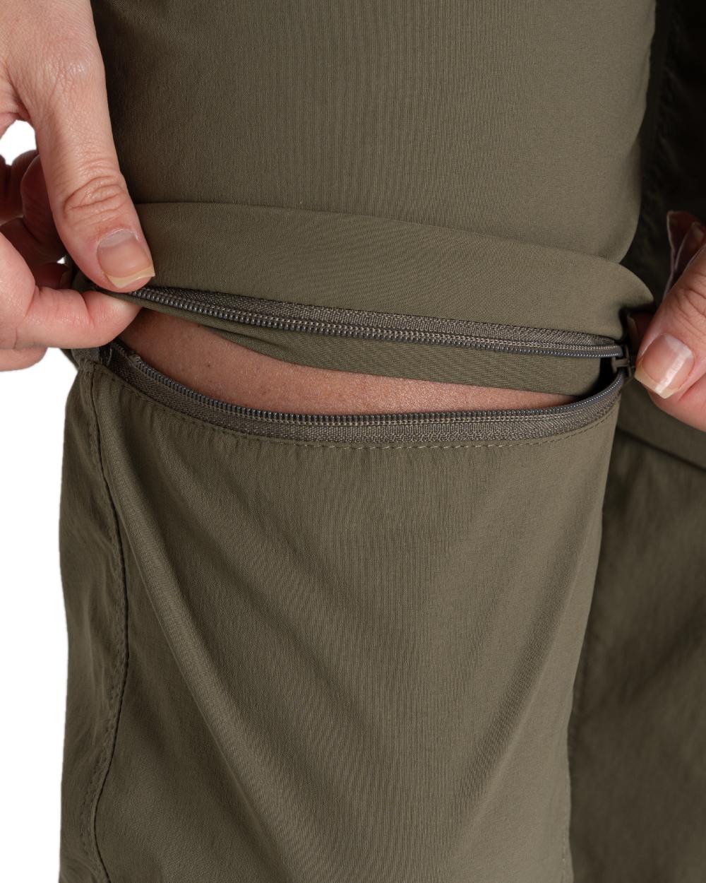 Wild Olive coloured Craghoppers Womens NosiLife Pro Convertible Trousers on white background 