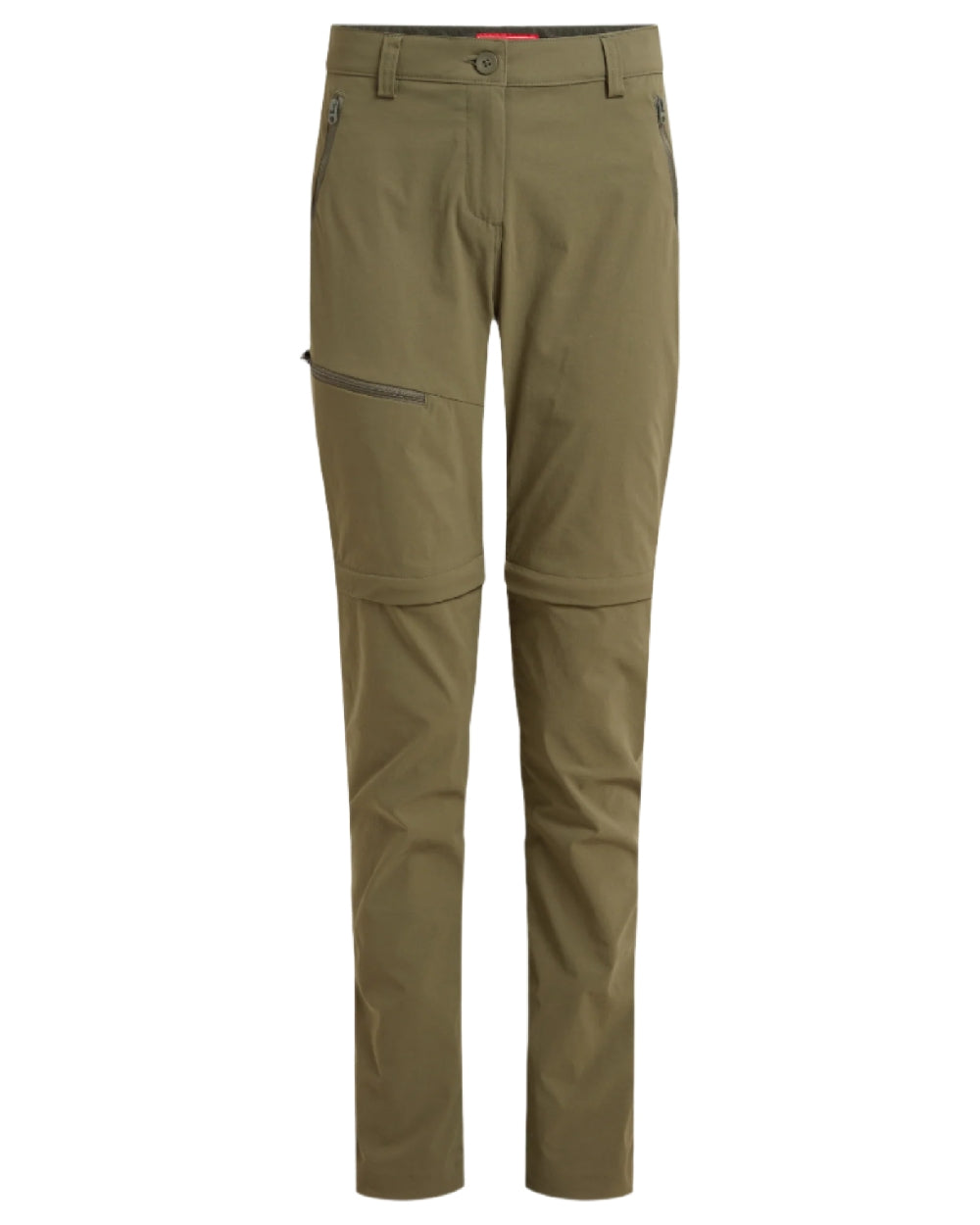 Wild Olive coloured Craghoppers Womens NosiLife Pro Convertible Trousers on white background 