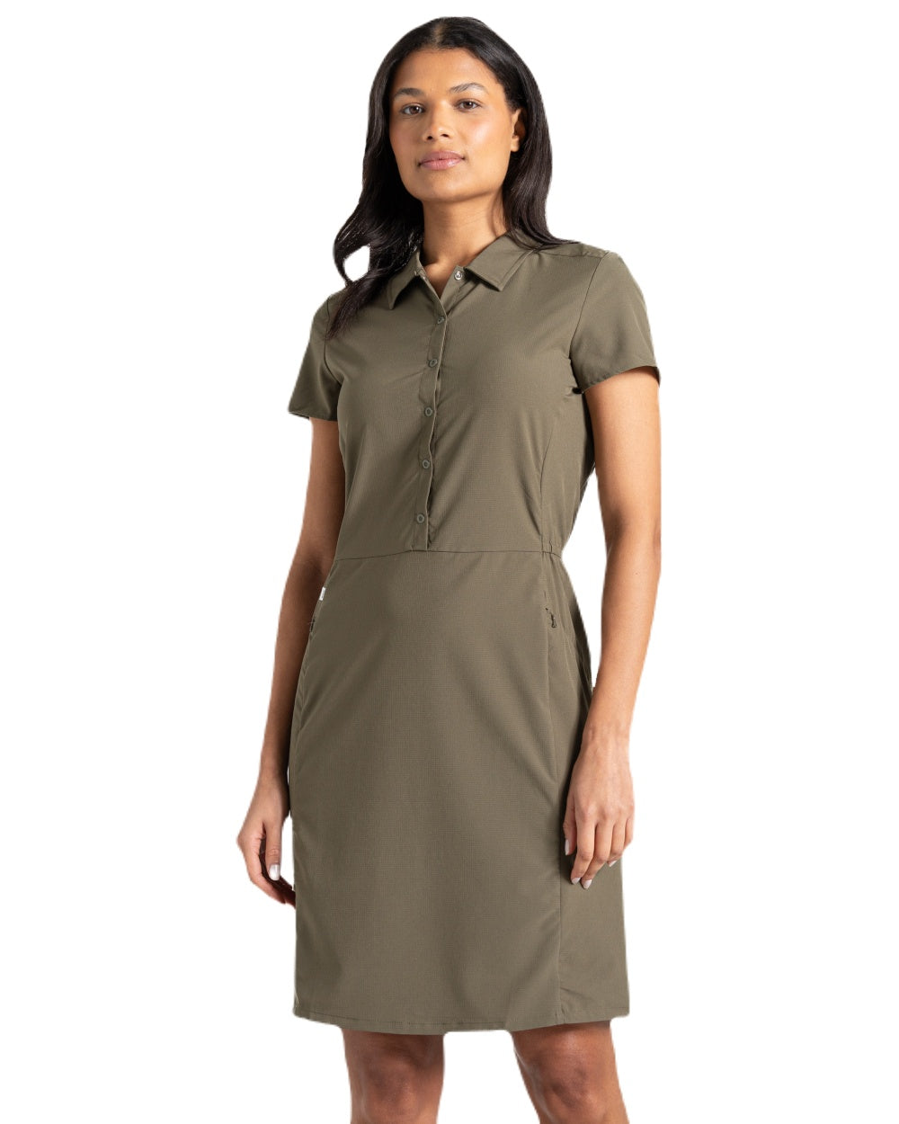 Wild Olive coloured Craghoppers Womens NosiLife Pro Dress IV on white background 