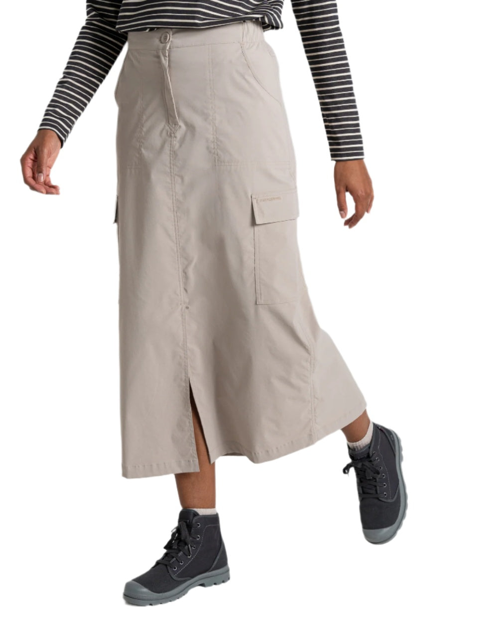 Soft Mushroom coloured Craghoppers Womens NosiLife Pro Midi Skirt on white background 