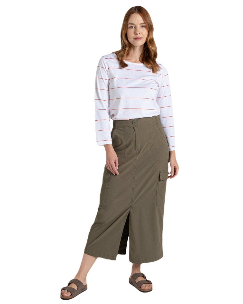 Wild Olive coloured Craghoppers Womens NosiLife Pro Midi Skirt on white background 