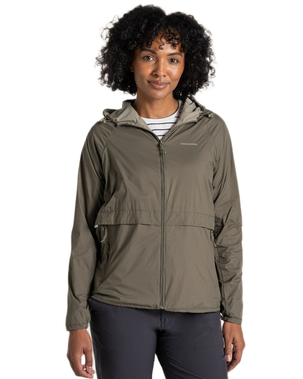 Wild Olive Vert coloured Craghoppers Womens NosiLife Rosa Reversible Jacket on white background 