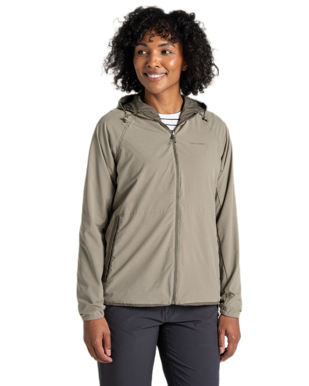 Wild Olive Vert coloured Craghoppers Womens NosiLife Rosa Reversible Jacket on white background 