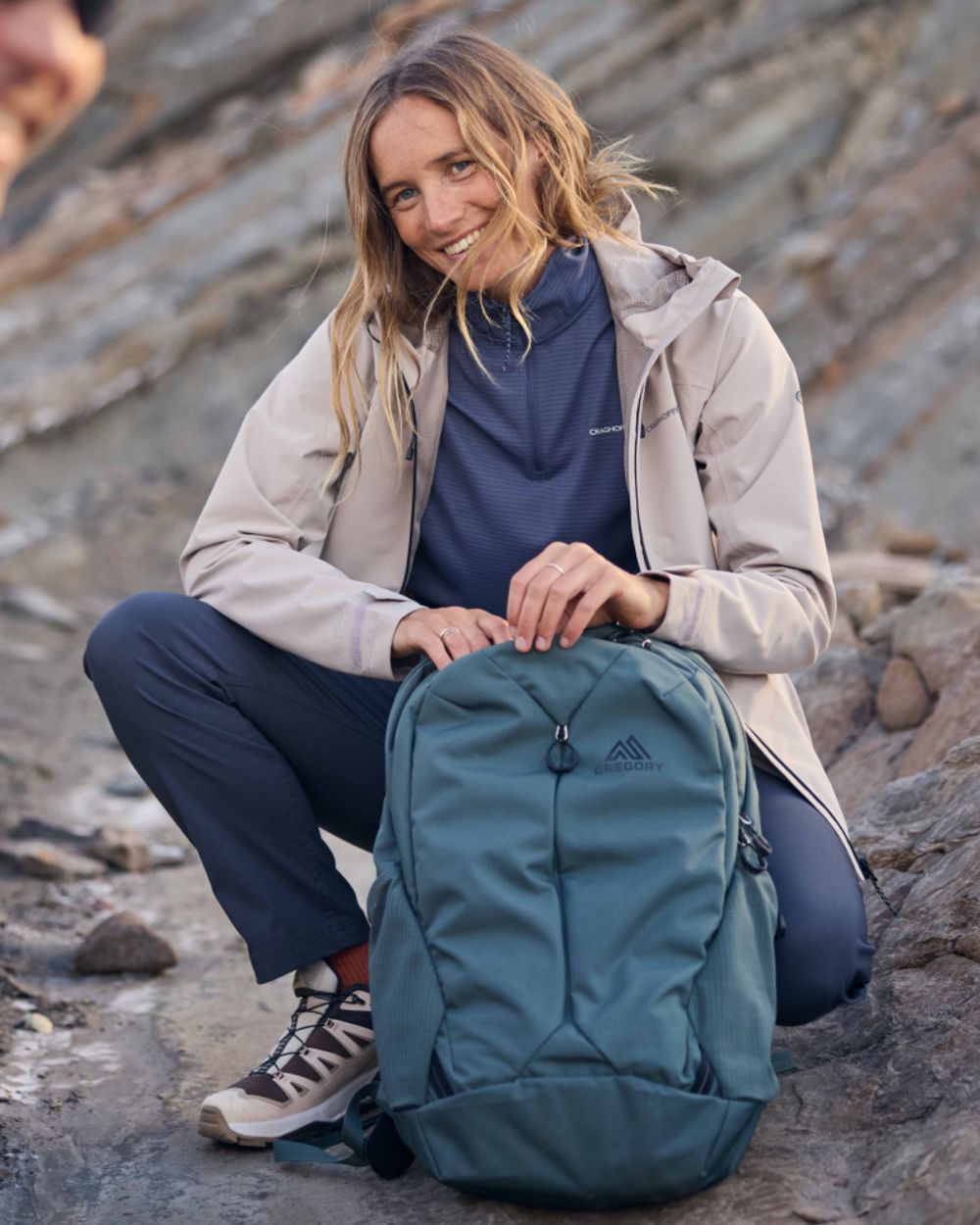 Anthracite coloured Craghoppers Womens NosiLife SolarShield+ Half Zip Top on mountain background 