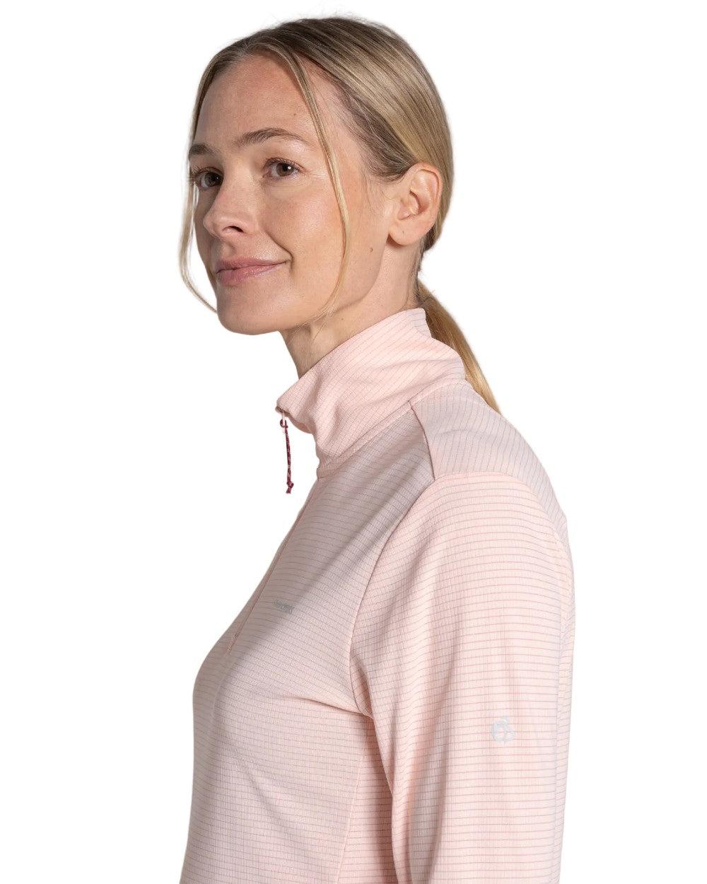 Sherbert coloured Craghoppers Womens NosiLife SolarShield+ Half Zip Top on white background 