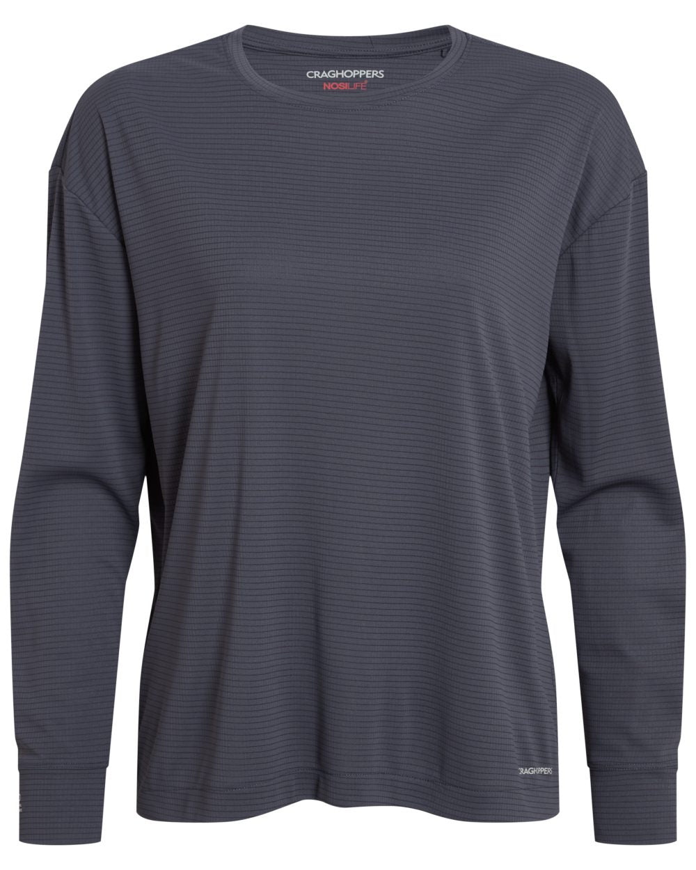 Anthracite coloured Craghoppers Womens NosiLife SolarShield+ Long Sleeved T-Shirt on white background 