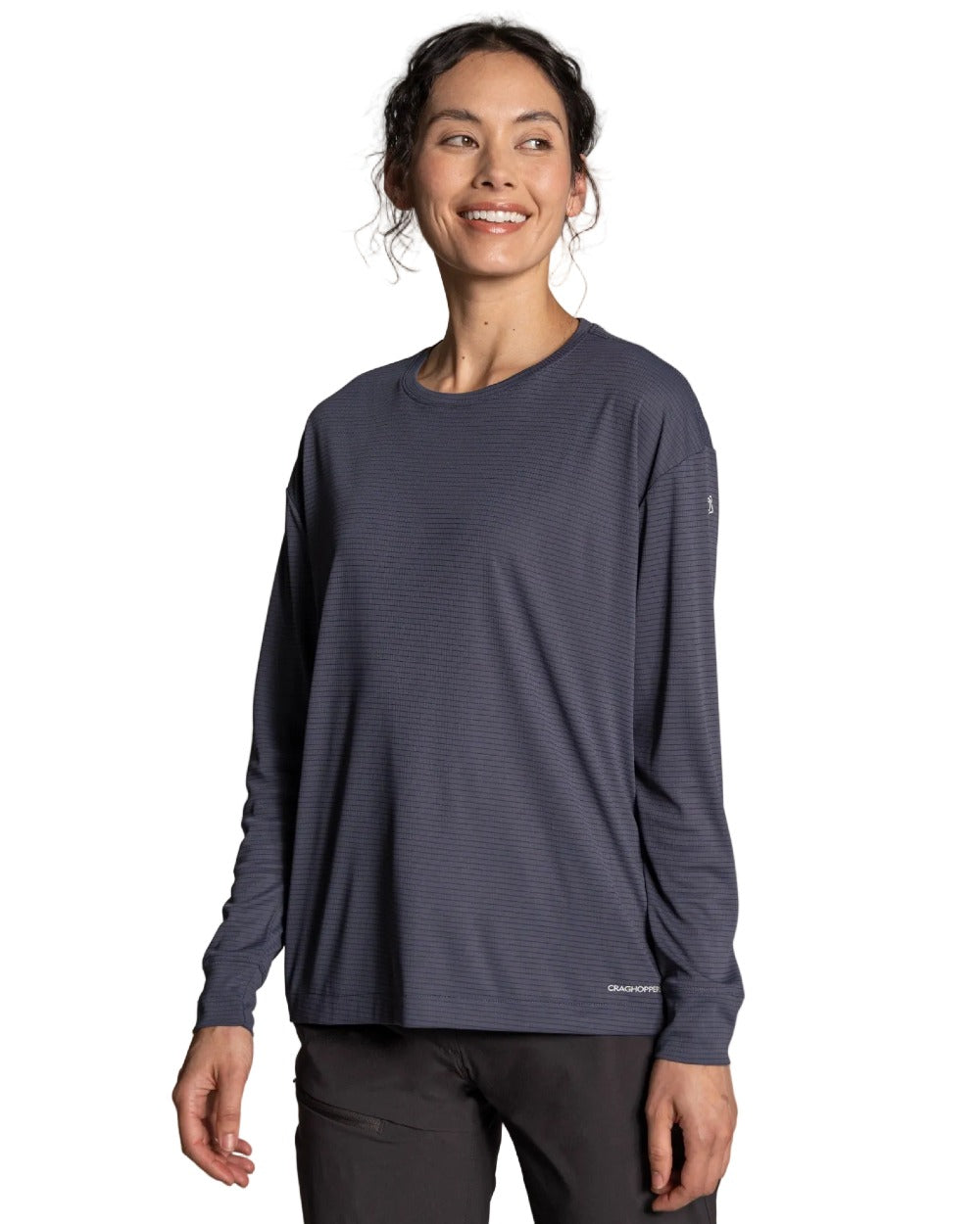 Anthracite coloured Craghoppers Womens NosiLife SolarShield+ Long Sleeved T-Shirt on white background 