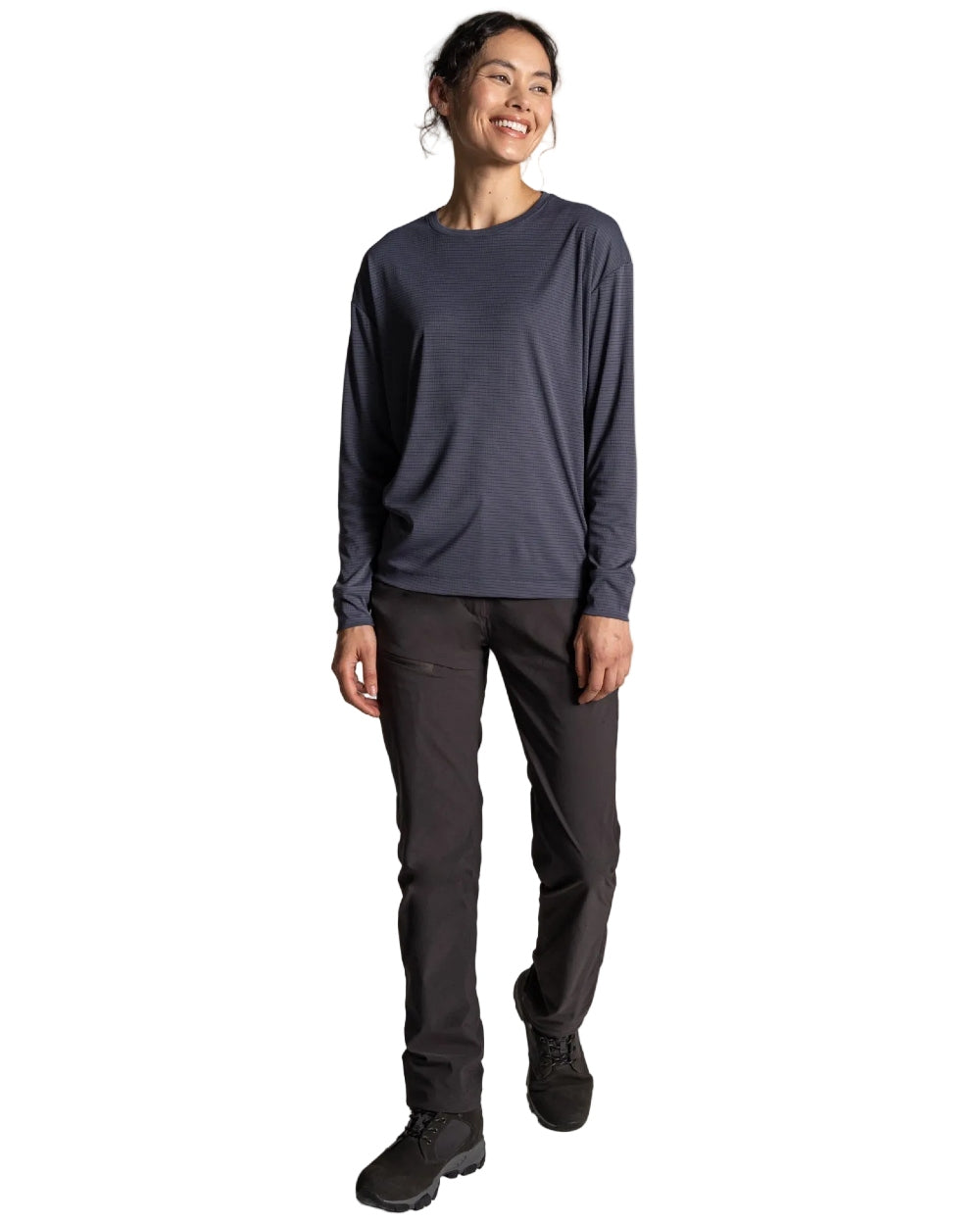 Anthracite coloured Craghoppers Womens NosiLife SolarShield+ Long Sleeved T-Shirt on white background 