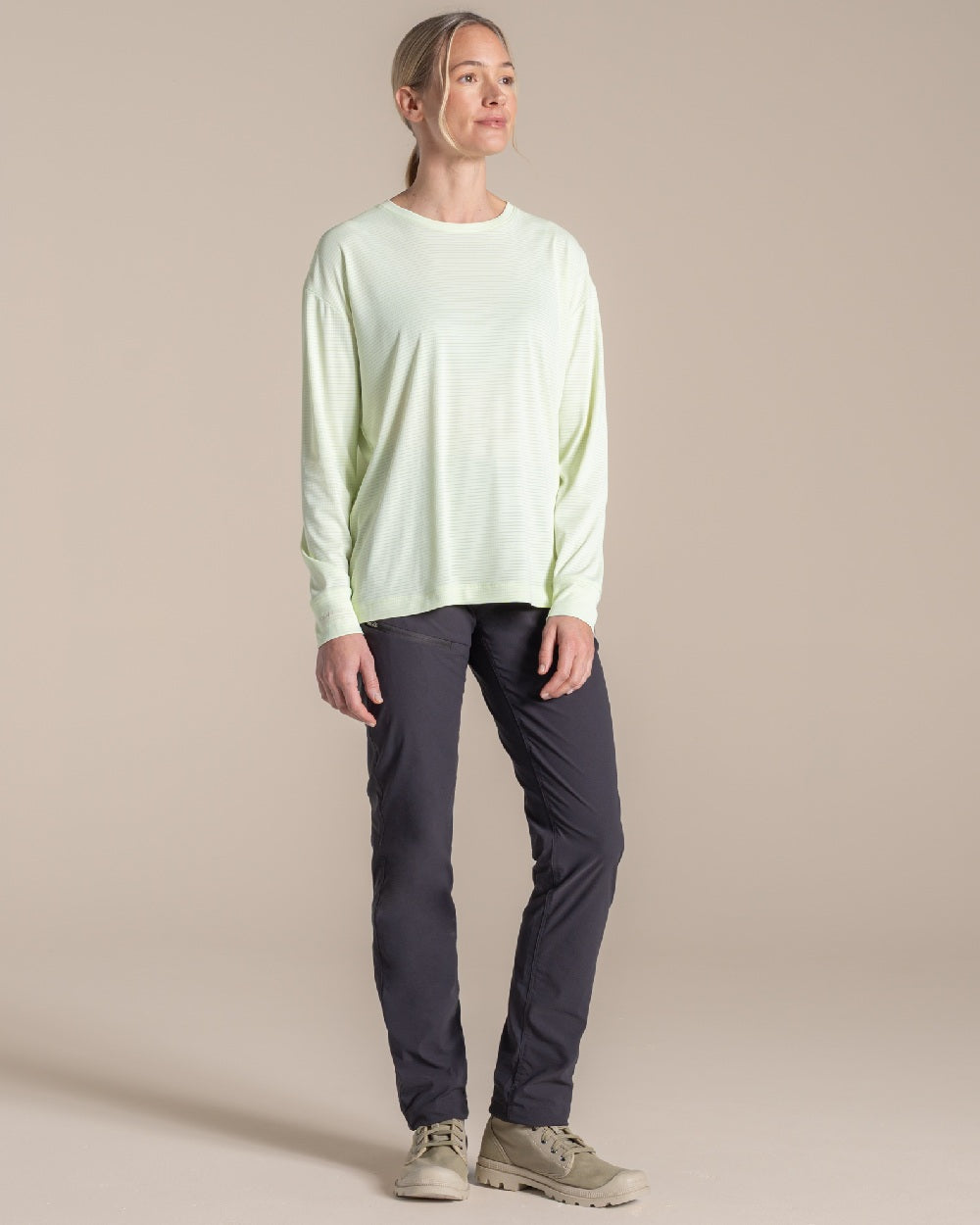Pear Drop coloured Craghoppers Womens NosiLife SolarShield+ Long Sleeved T-Shirt on beige background 