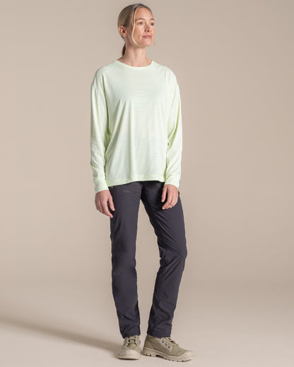 Pear Drop coloured Craghoppers Womens NosiLife SolarShield+ Long Sleeved T-Shirt on beige background 