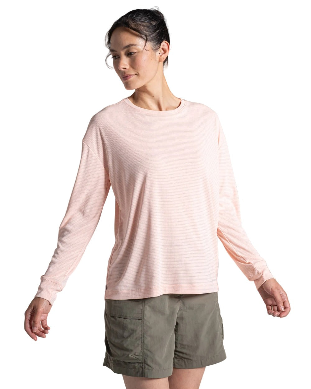 Sherbert coloured Craghoppers Womens NosiLife SolarShield+ Long Sleeved T-Shirt on white background 