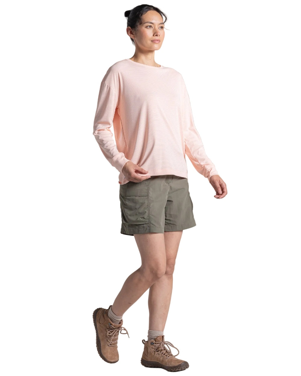 Sherbert coloured Craghoppers Womens NosiLife SolarShield+ Long Sleeved T-Shirt on white background 