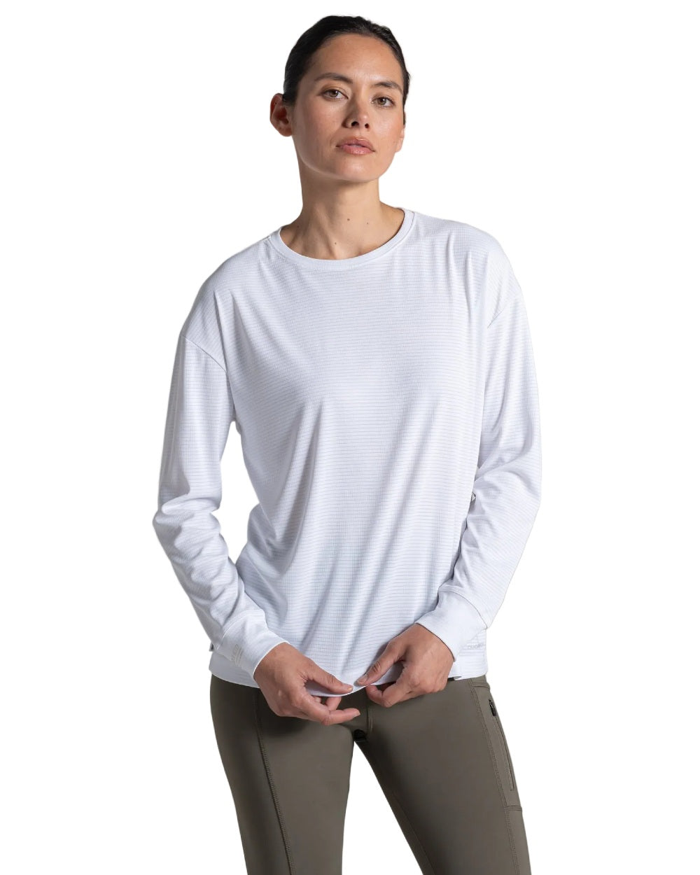 White coloured Craghoppers Womens NosiLife SolarShield+ Long Sleeved T-Shirt on white background 
