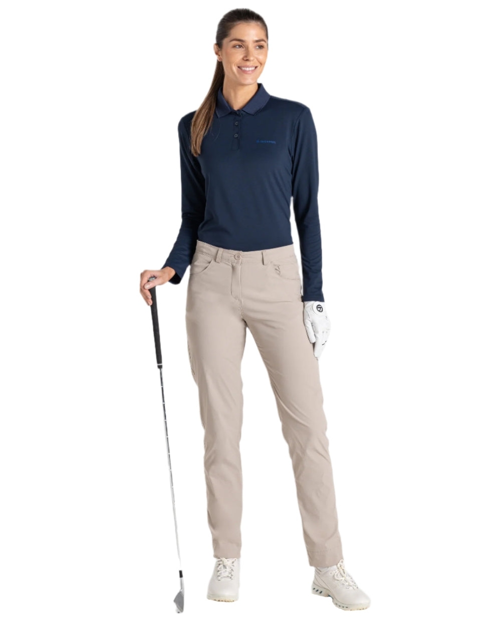 Soft Mushroom coloured Craghoppers Womens Nosilife Milla Golf Trousers on white background 