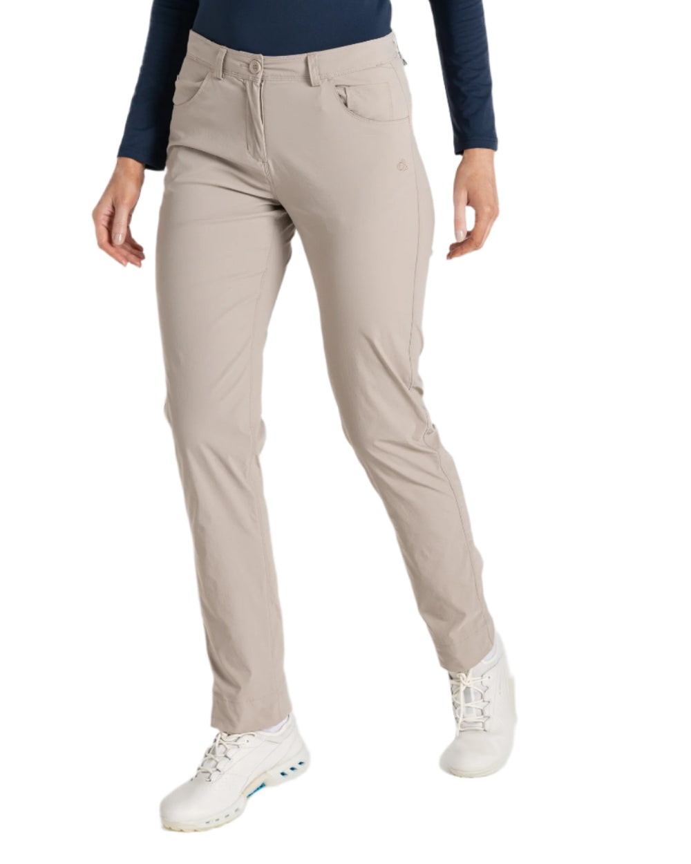 Soft Mushroom coloured Craghoppers Womens Nosilife Milla Golf Trousers on white background 