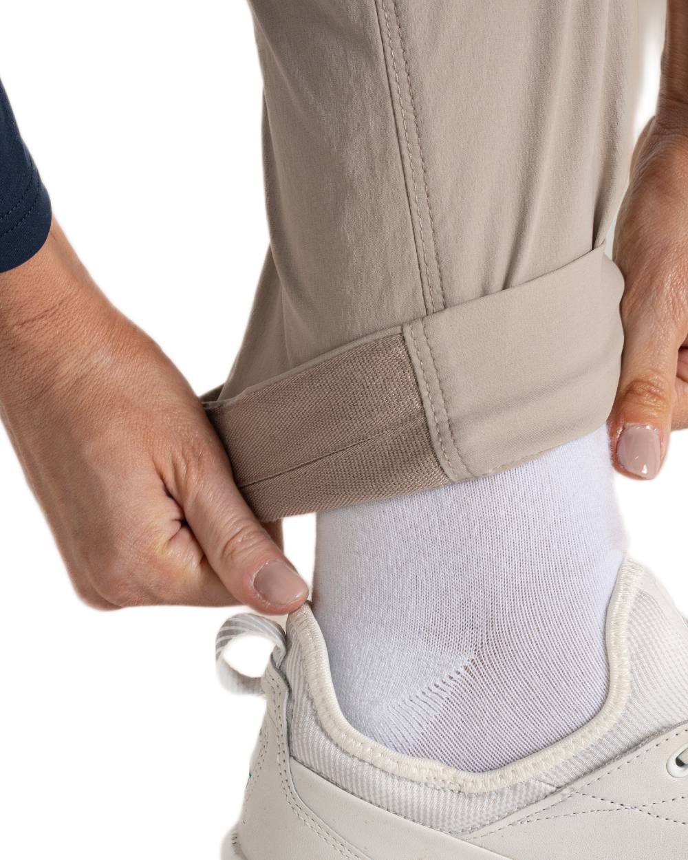 Soft Mushroom coloured Craghoppers Womens Nosilife Milla Golf Trousers on white background 