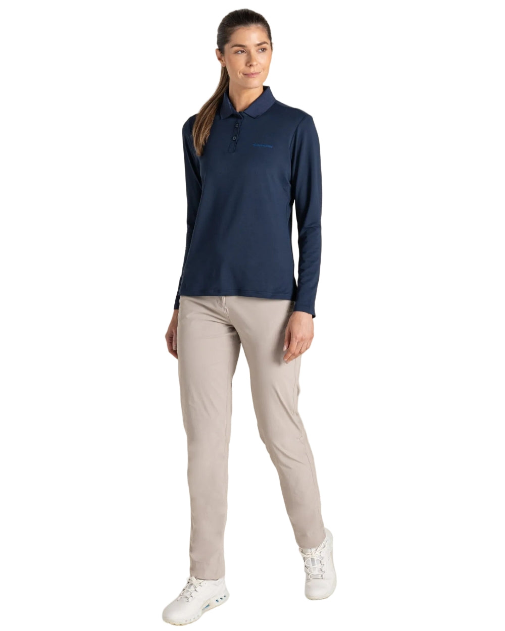 Soft Mushroom coloured Craghoppers Womens Nosilife Milla Golf Trousers on white background 
