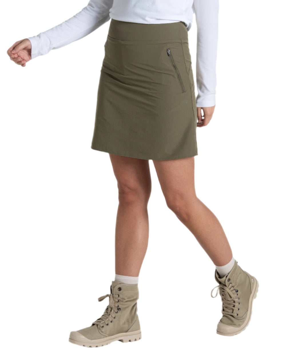 Wild Olive coloured Craghoppers Womens Nosilife Pro Skort II on white background 