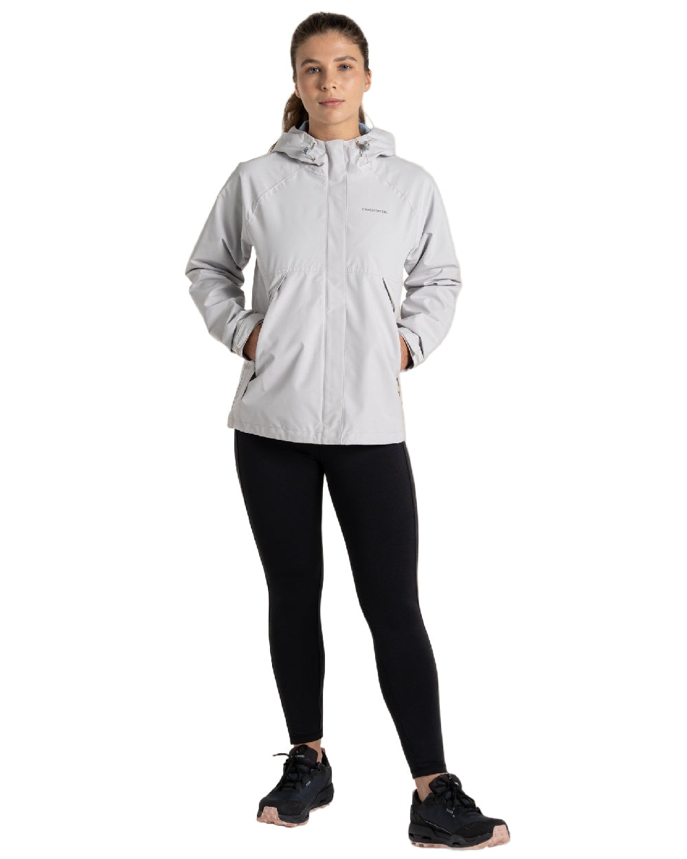 Light Grey Coloured Craghoppers Womens Ossus Waterproof Jacket on  white background 