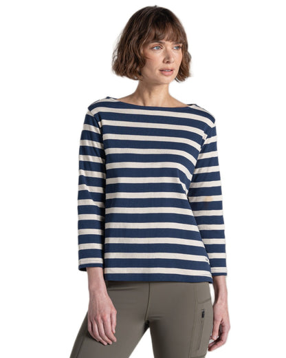Blue Navy Stripe coloured Craghoppers Womens Pavey Long Sleeved Top on white background 