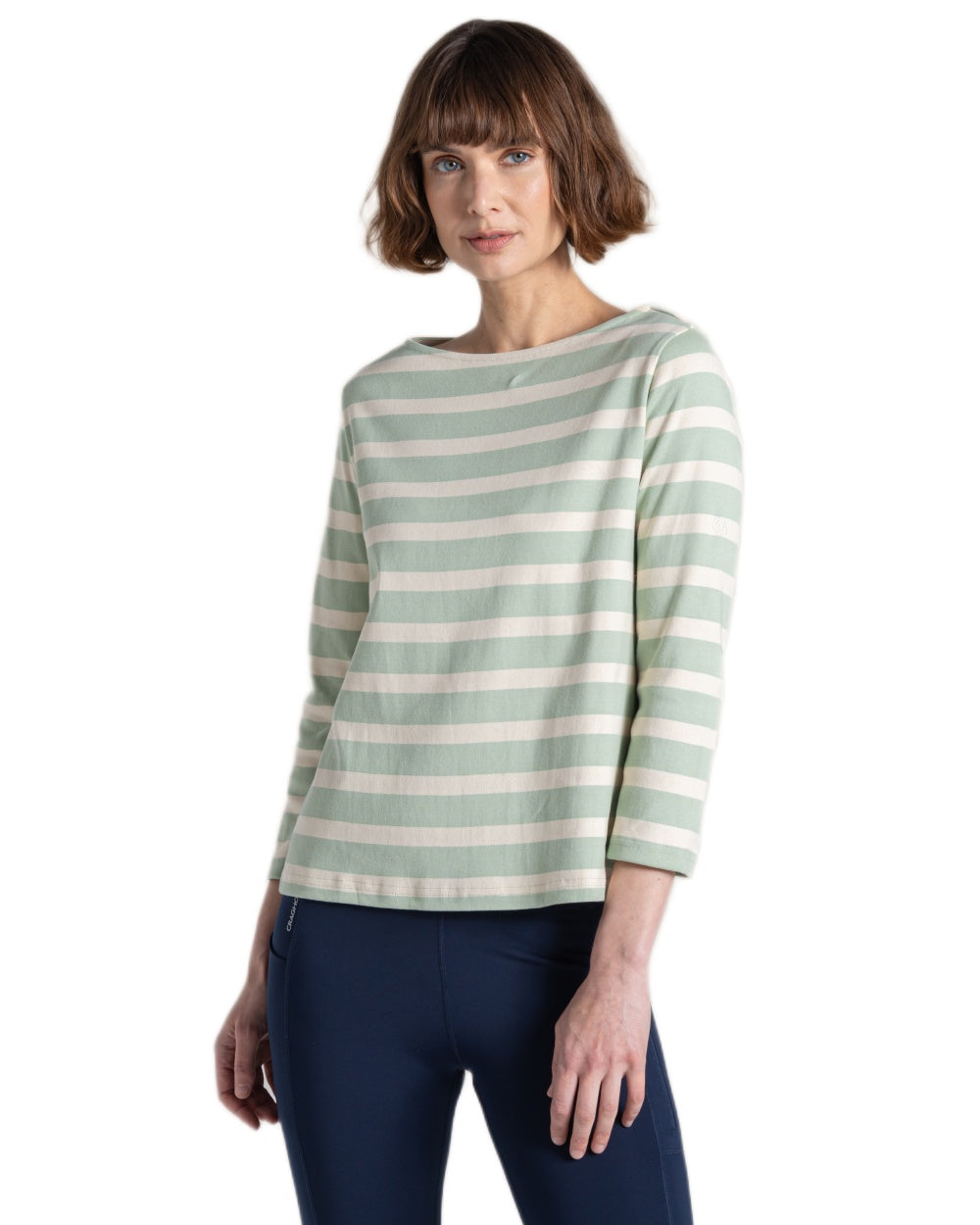 Iced Matcha Stripe coloured Craghoppers Womens Pavey Long Sleeved Top on white background 
