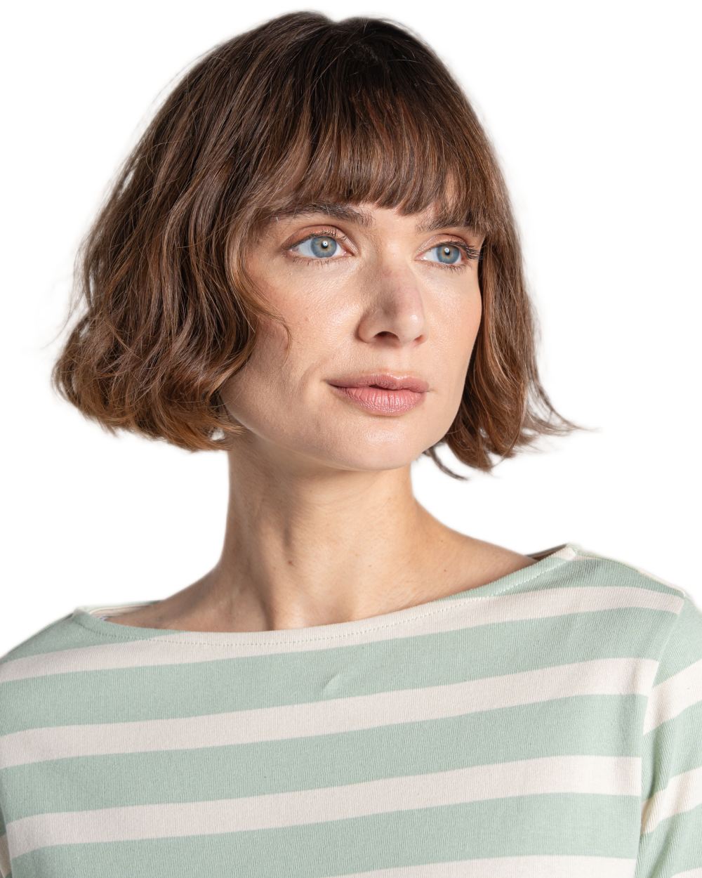Iced Matcha Stripe coloured Craghoppers Womens Pavey Long Sleeved Top on white background 