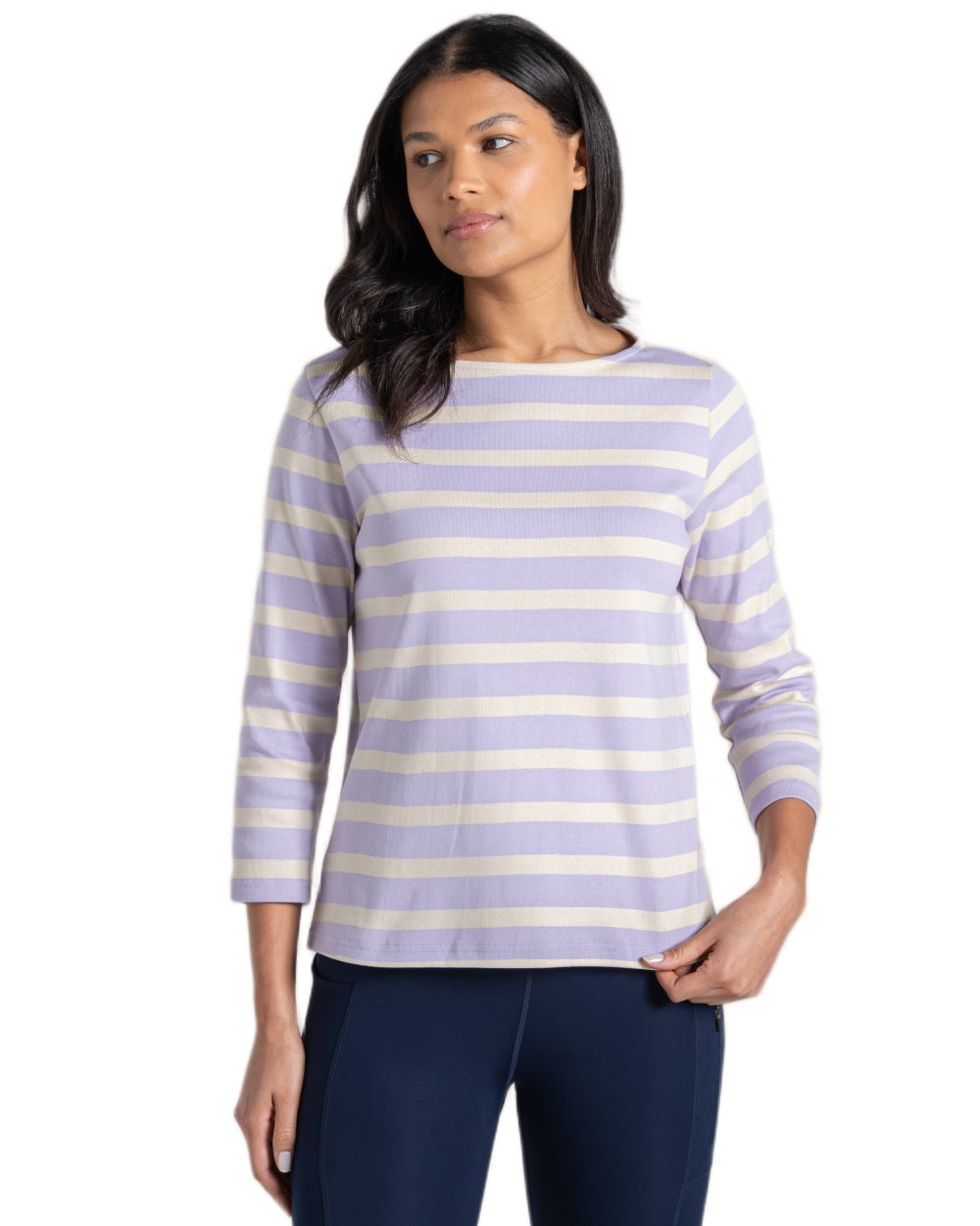 Parma Violet Stripe coloured Craghoppers Womens Pavey Long Sleeved Top on white background 