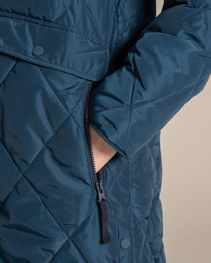 Close-up of a quilted navy blue jacket with a diagonal zippered pocket and a hand tucked inside, set against a solid beige background. 