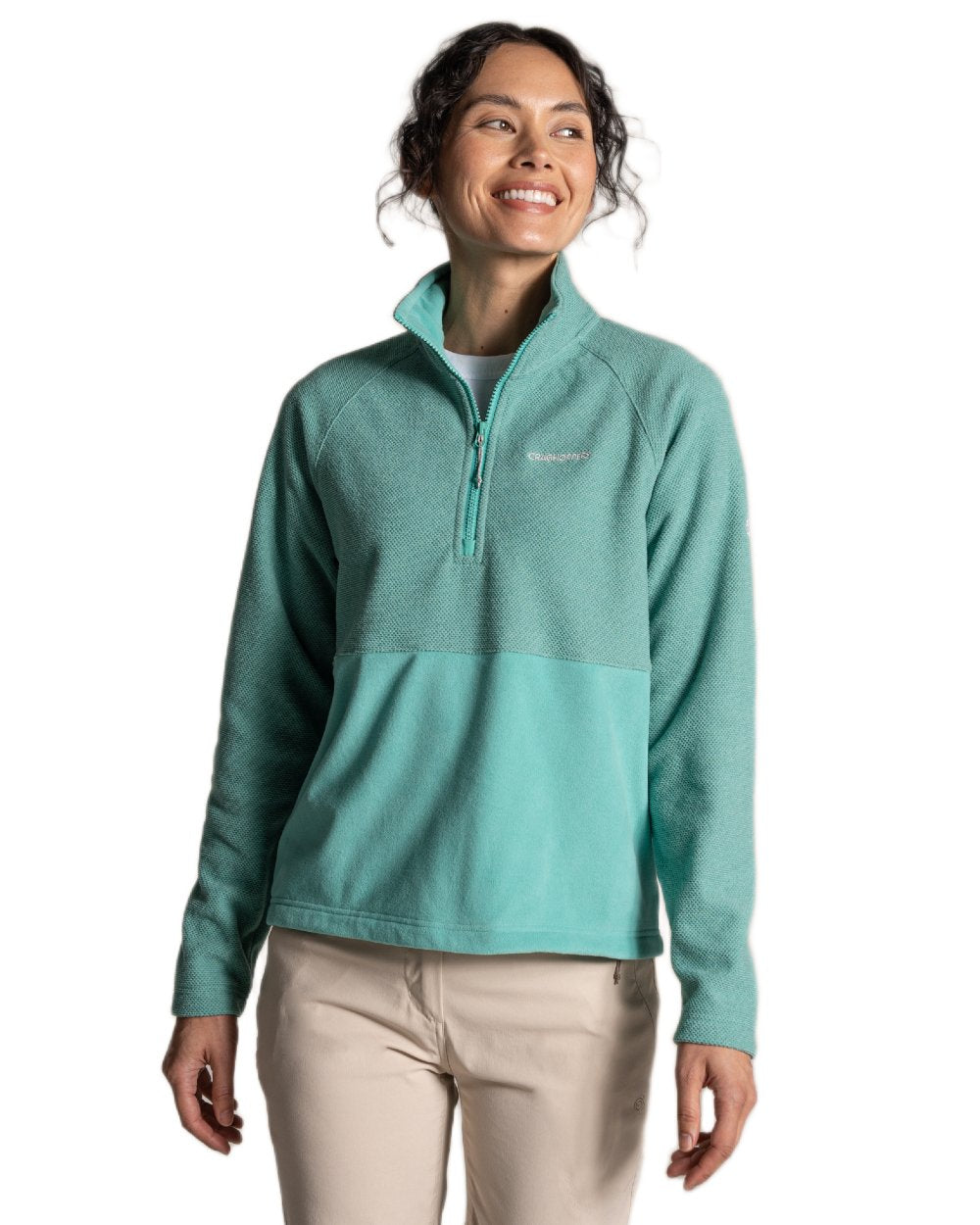 Glazed Aqua coloured Craghoppers Womens Thuya Half Zip Fleece on white background 