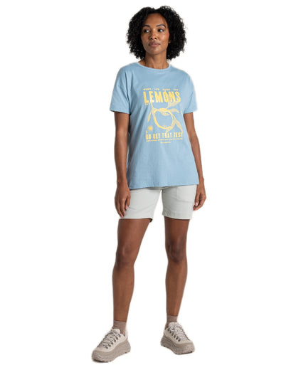 Nimbus Blue Coloured Craghoppers Womens Yago Short Sleeved Top on White Background 