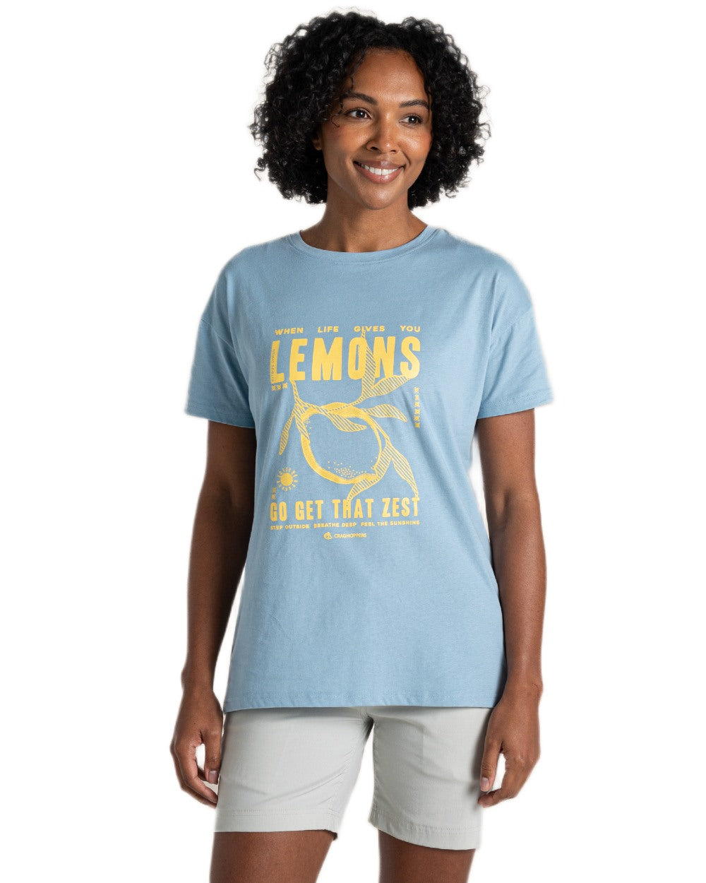 Nimbus Blue Coloured Craghoppers Womens Yago Short Sleeved Top on White Background 