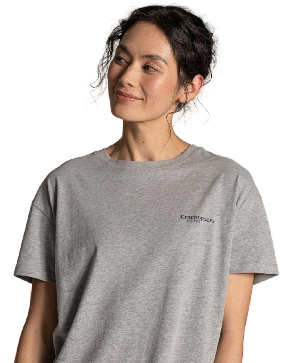 Soft Grey Marl Coloured Craghoppers Womens Yago Short Sleeved Top on White Background
