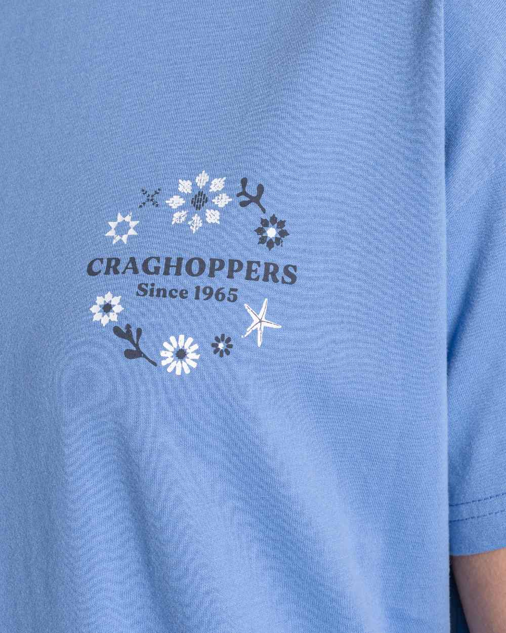 Vinca Blue Coloured Craghoppers Womens Yago Short Sleeved Top on White Background 