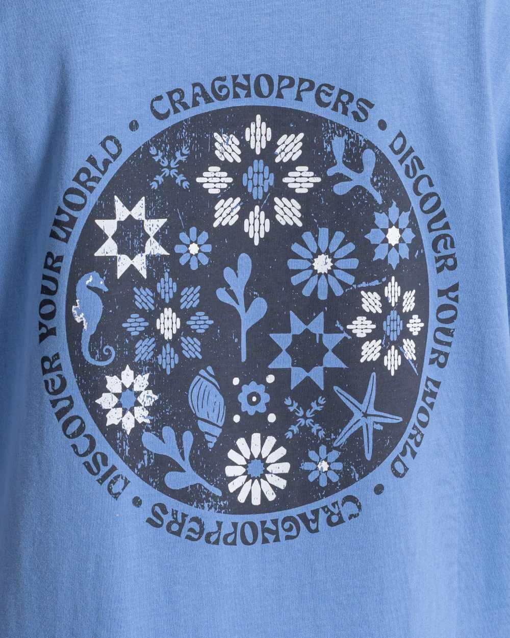 Vinca Blue Coloured Craghoppers Womens Yago Short Sleeved Top on White Background 