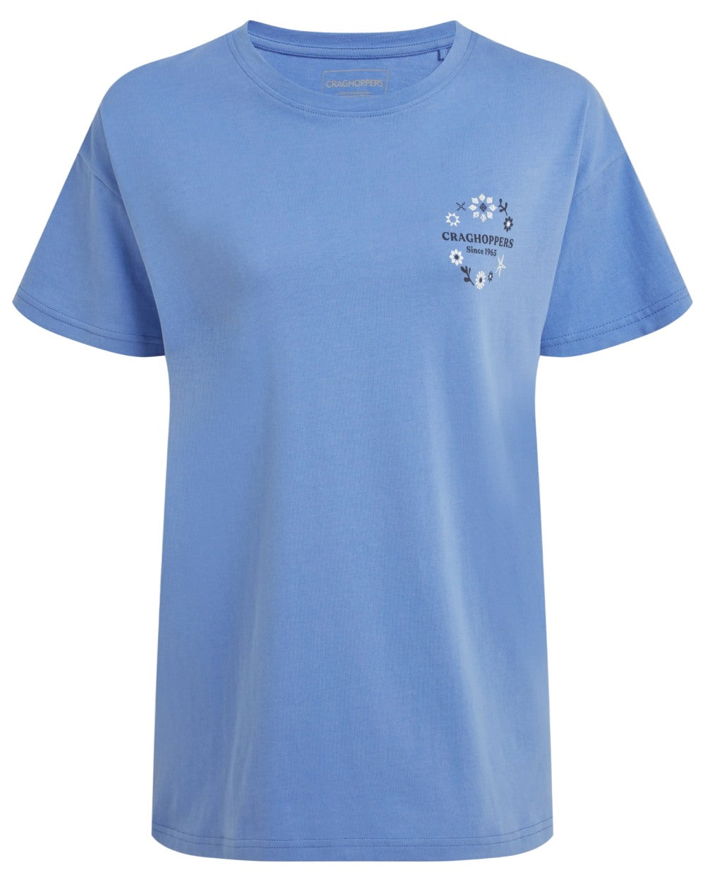 Vinca Blue Coloured Craghoppers Womens Yago Short Sleeved Top on White Background 