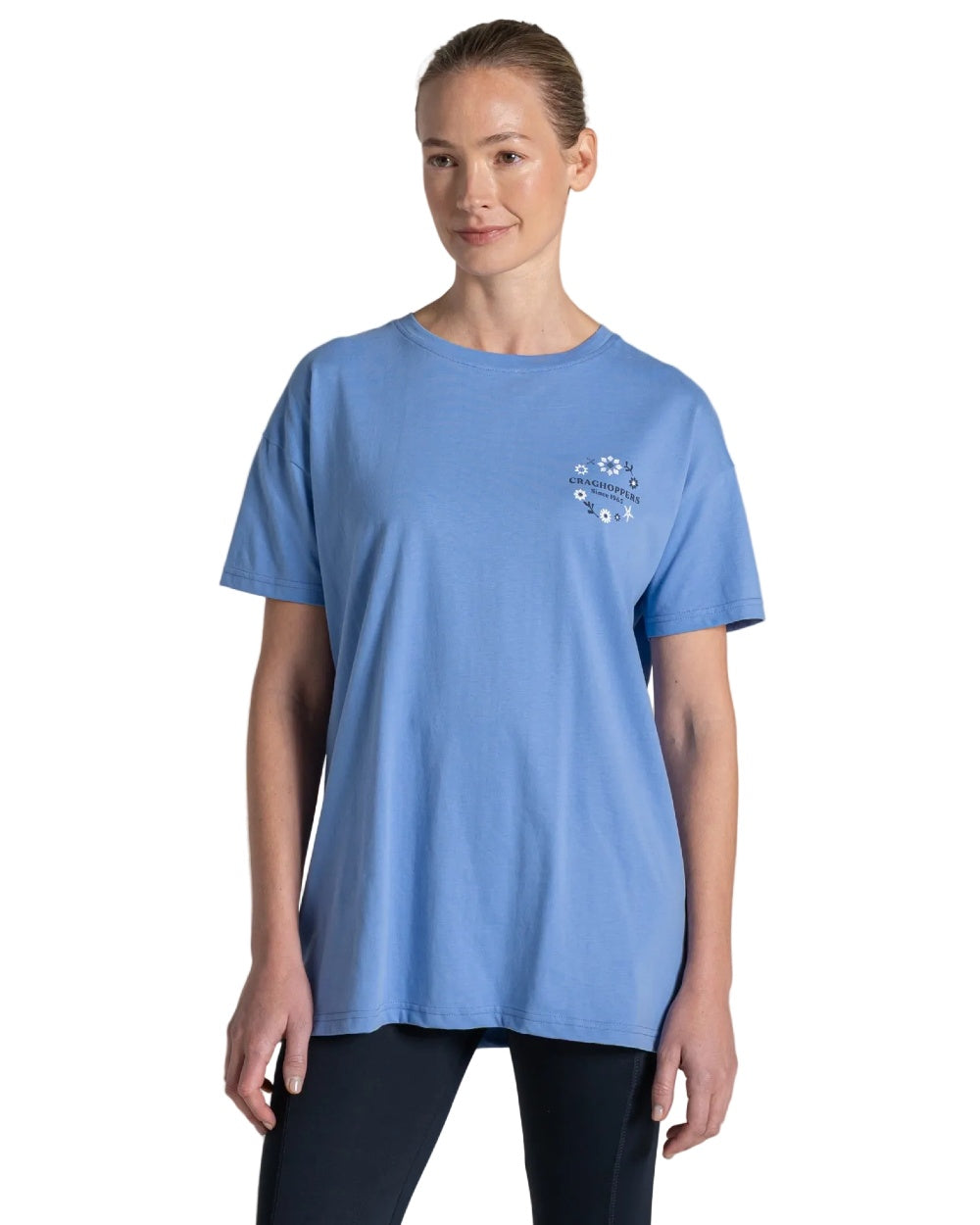 Vinca Blue Coloured Craghoppers Womens Yago Short Sleeved Top on White Background 