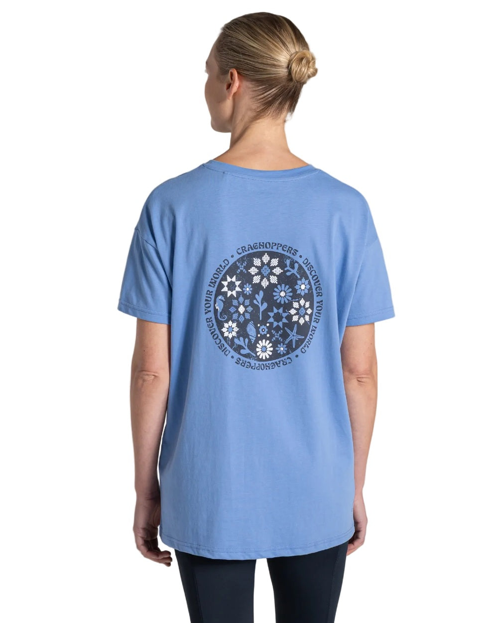 Vinca Blue Coloured Craghoppers Womens Yago Short Sleeved Top on White Background 