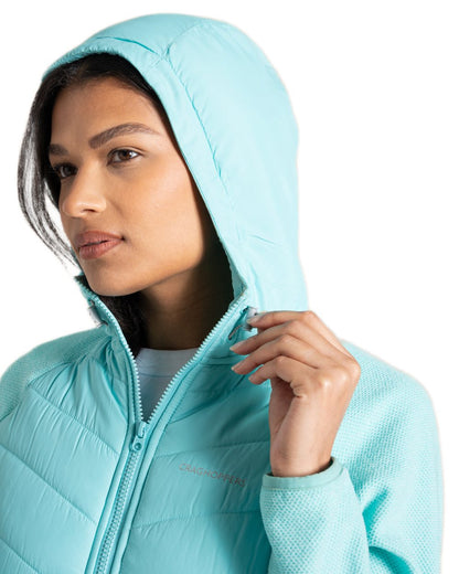 Aqua Sky coloured Craghoppers Womens Zayas Hybrid Insulating Jacket on white background 