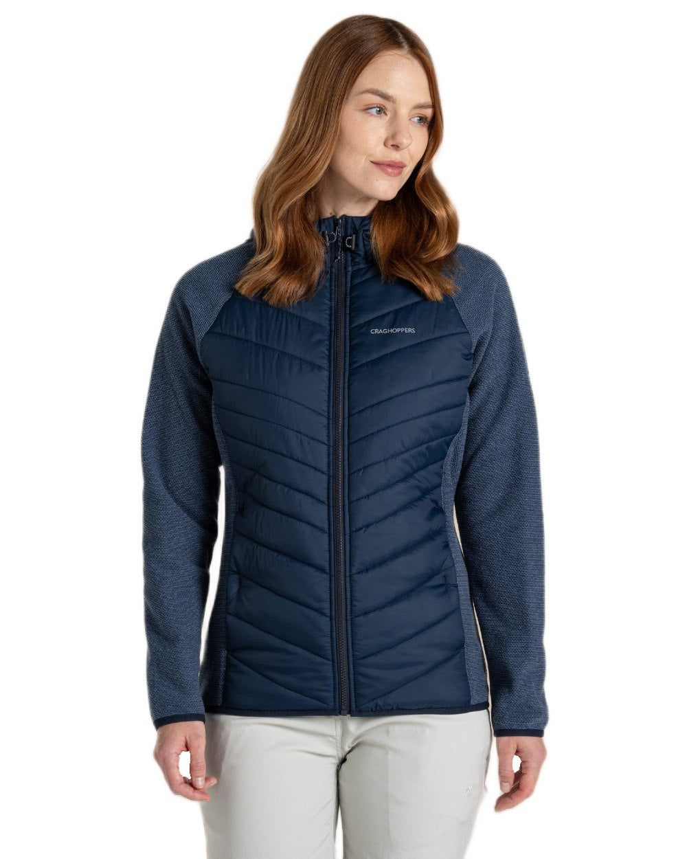 Blue Navy coloured Craghoppers Womens Zayas Hybrid Insulating Jacket on white background 