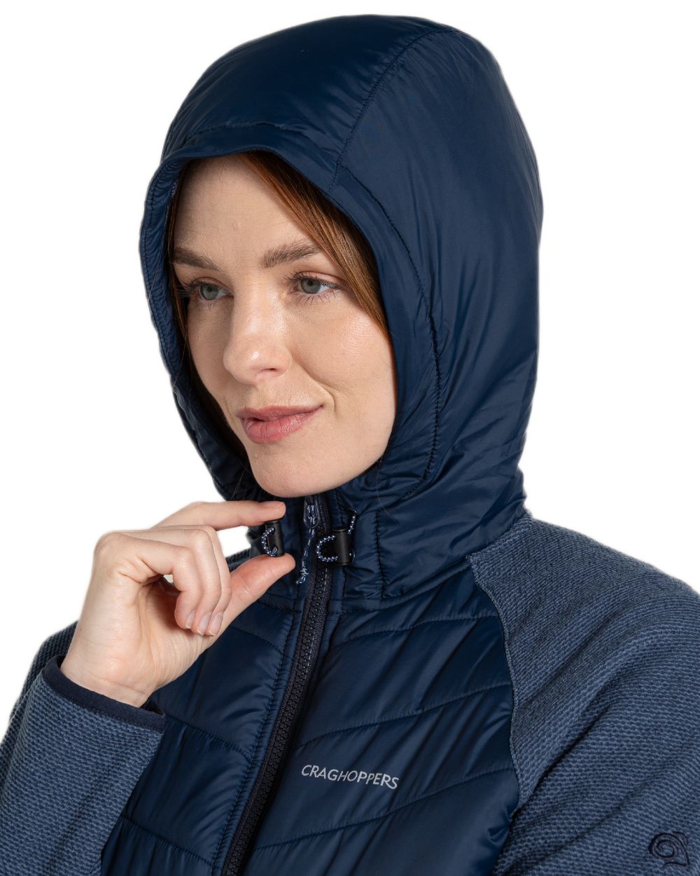 Blue Navy coloured Craghoppers Womens Zayas Hybrid Insulating Jacket on white background 