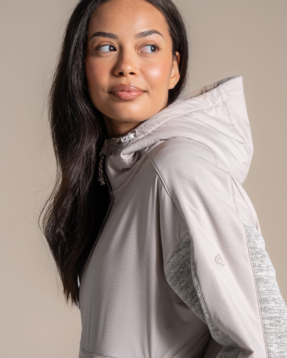 Oyster coloured Craghoppers Womens Hanna Hooded Overhead on beige background 